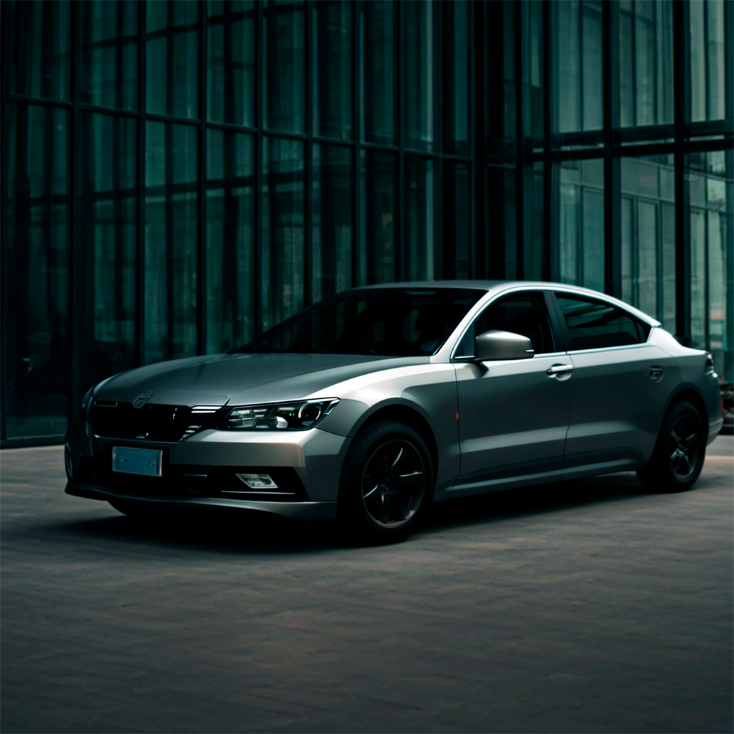Luxury black sedan in professional urban environment